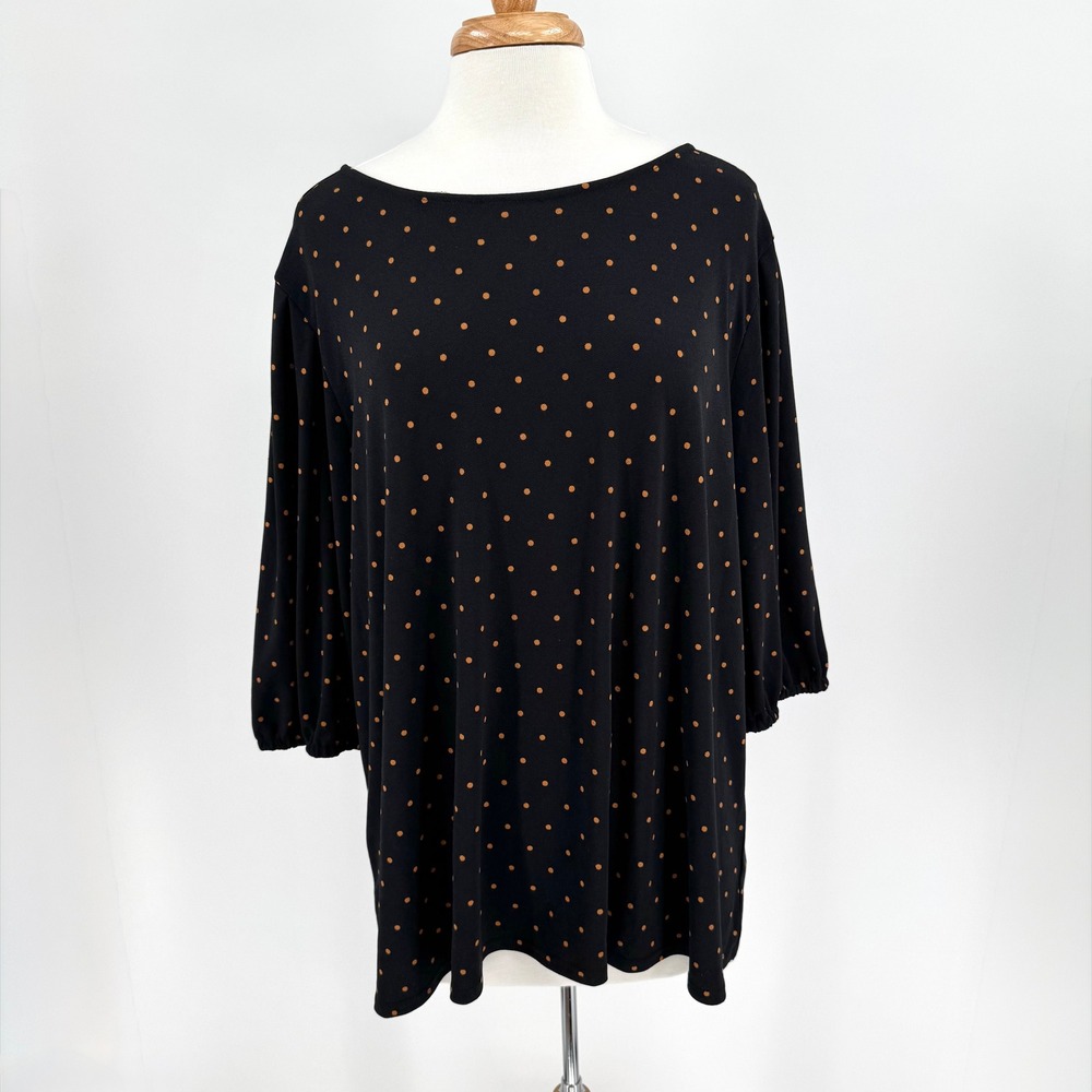 Nordstrom Rack Women 3X Black/Rust Polka Dot 3/4 Puff Sleeve Blouse Top